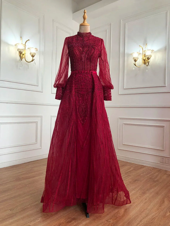 Serene Hill Customized Wine Red Long Sleeves Overskirt Evening Dresses 2024 Muslim Party Gowns For Women Plus Size DLA71248