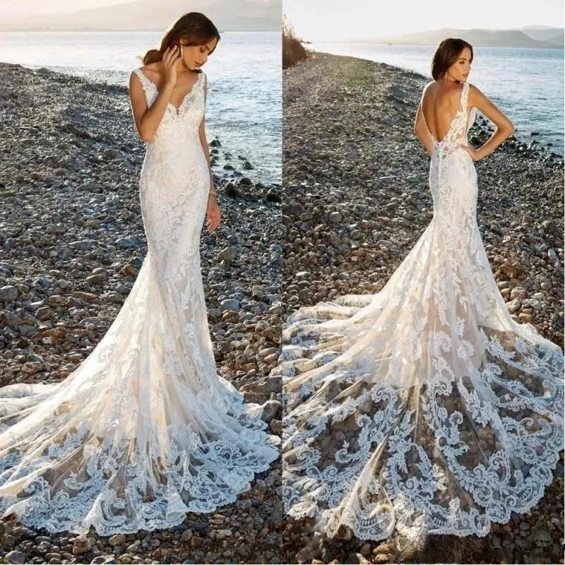 Sexy V-Neck Backless Mermaid Vestidos De Novia Appliques Vestido De Noiva Sweep Train Beach Wedding Dresses Lace Robe De Mariée by payinti
