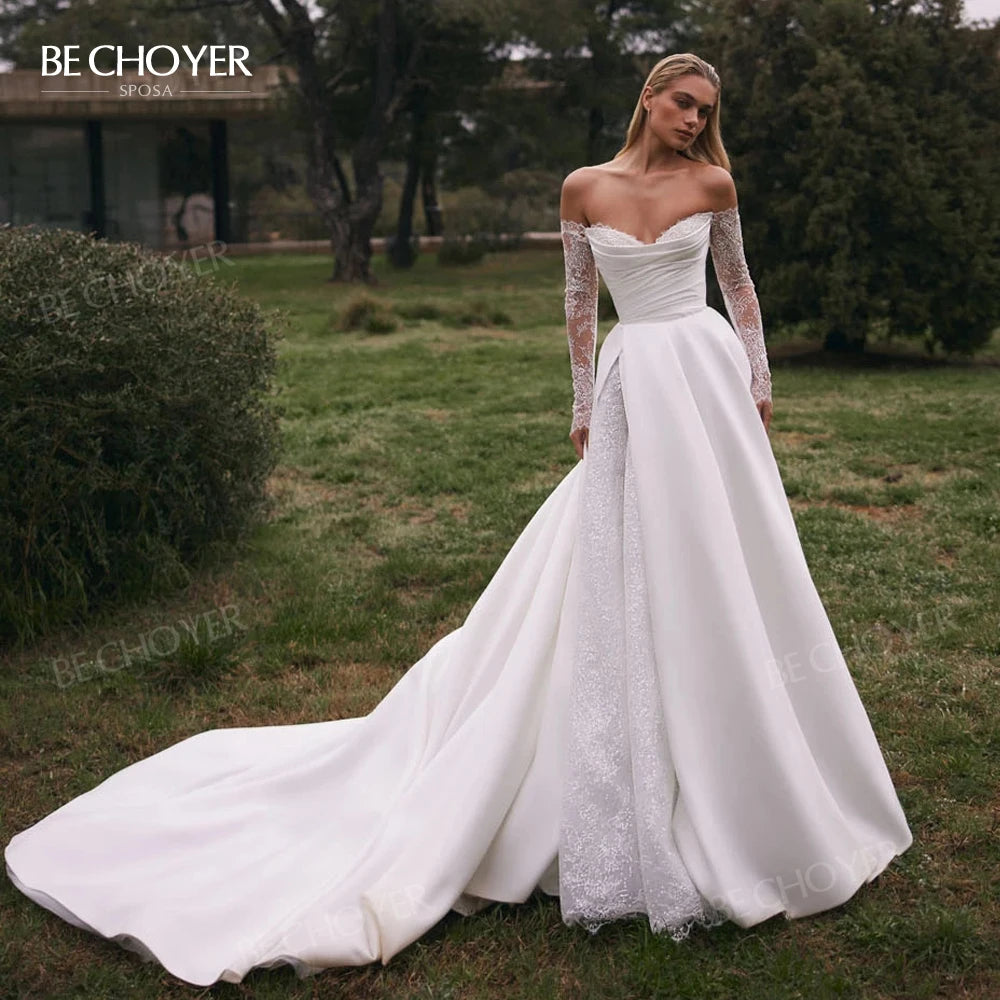 Off the Shoulder A-Line Wedding Dress 2026 Appliques Long Sleeve Customized Bride Gown Princess BECHOYER EL350 Vestido De Noiva