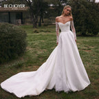 Off the Shoulder A-Line Wedding Dress 2026 Appliques Long Sleeve Customized Bride Gown Princess BECHOYER EL350 Vestido De Noiva
