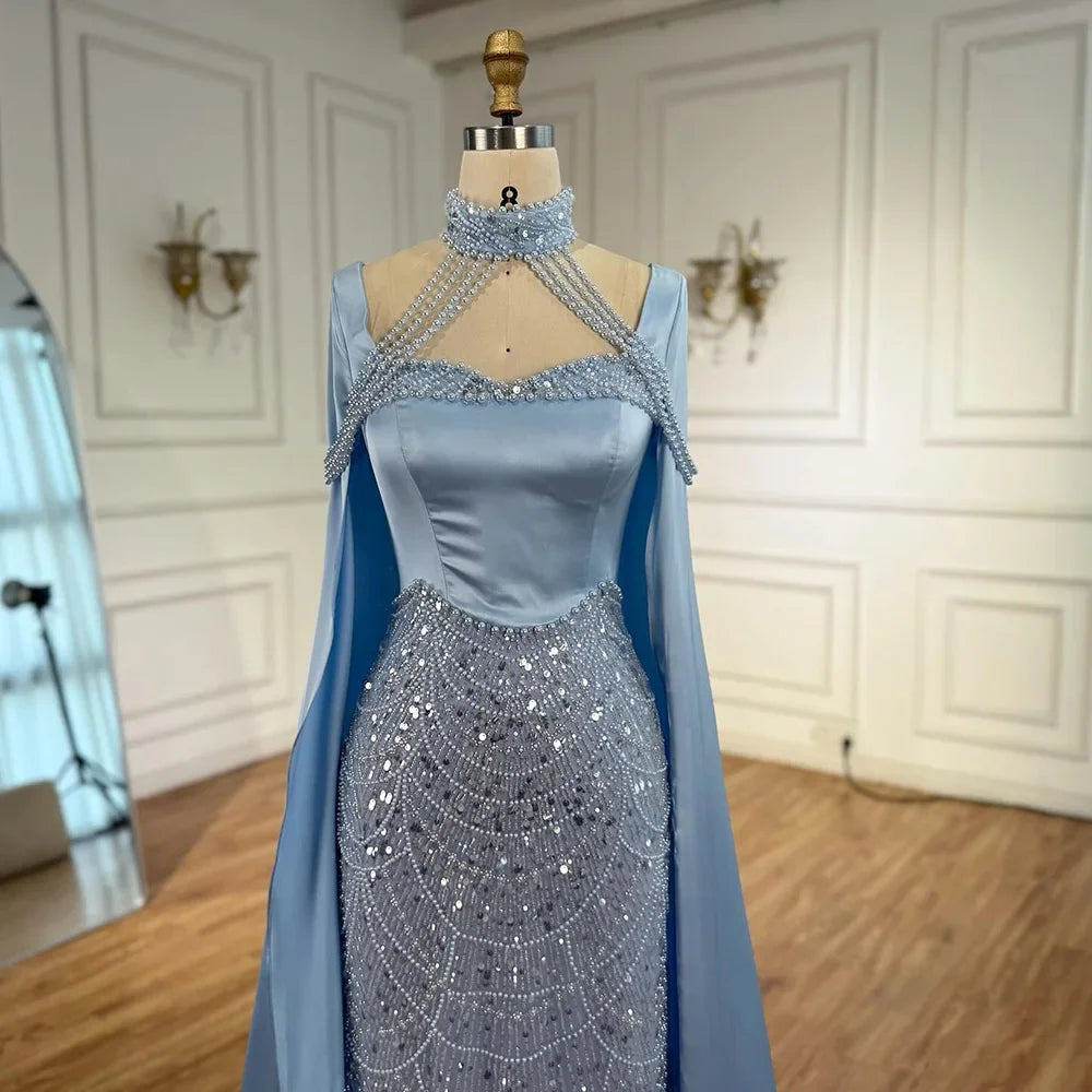 Zapdress DLA73051 Pearls Beaded Blue Mermaid Evening Dress with Cape 2025 Elagent Party Gowns for Women Customized (ZD17378)