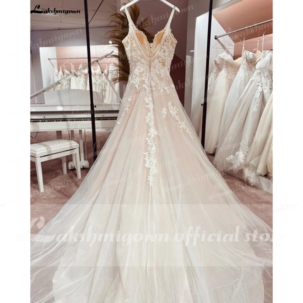 ZapDress Sexy Beach Wedding Dresses Illusion Appliques Boho Bride Dresses Open Back A-Line Tulle Bridal Gowns Robe De Mariee