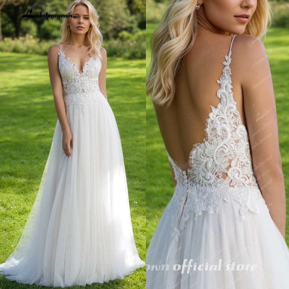 ZapDress Bohemian Spaghetti Straps A-Line Wedding Dress Lace Appliques V-Neck Tulle Open Back Bridal Dress Customized