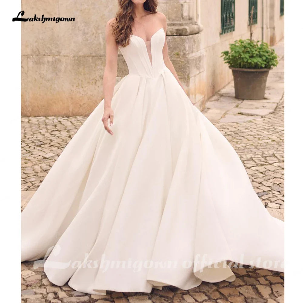 Customized Off Shoulder Crepe Satin A Line Floor Length Wedding Dress