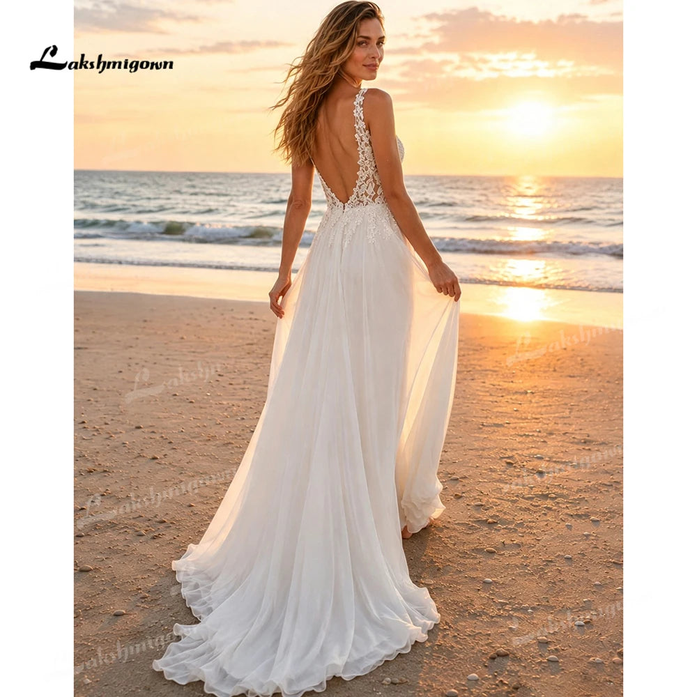 Elegant Deep V Lace Boho Wedding Dress Chiffon A Line Bridal Gowns High Split Low Back Wedding Gowns Vestido De Novia Customized