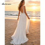 Elegant Deep V Lace Boho Wedding Dress Chiffon A Line Bridal Gowns High Split Low Back Wedding Gowns Vestido De Novia Customized