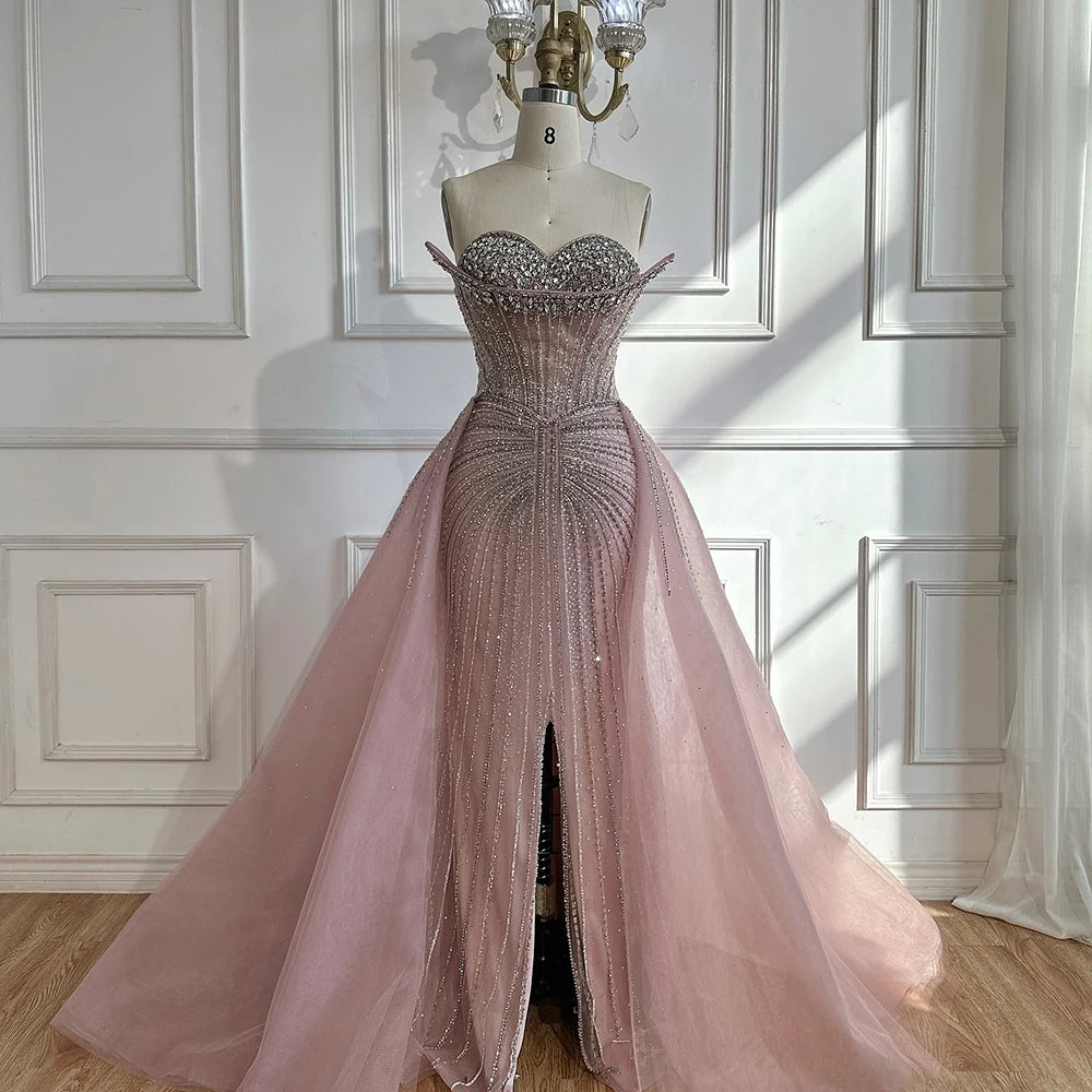 Serene Hill Customized 2025 Pink Crystal Beaded Saudi Mermaid Evening Dresses Gowns with Overskirt for Formal Occasion DLA72811