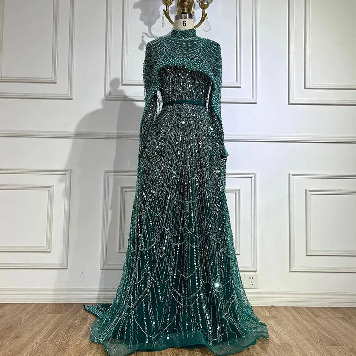 Serene Hill Customized Green Long Sleeve A-Line Evening Dresses with Cape Muslim Wedding Party Gowns For Women LA72032B