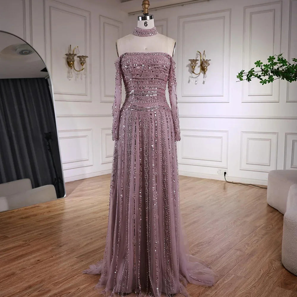 Elegant Caramel Beaded Off Shoulder Evening Dress with Long Sleeves for Formal Party Zapdress 2025 Customized (ZD17355)