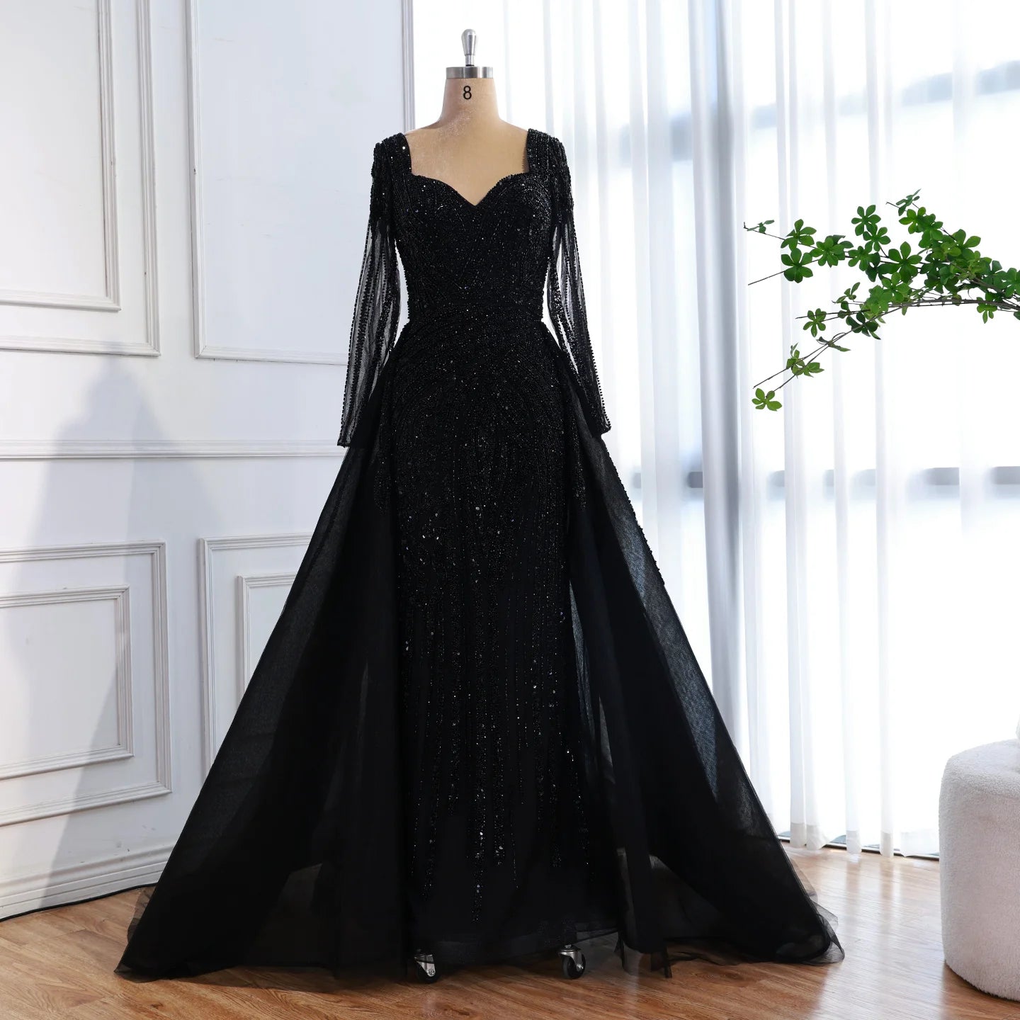 Zapdress Black Long Sleeves Luxury Beaded Evening Dress Overskirt Formal Party Gowns for Women DLA73198 Customized (ZD17358)