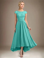 A-line Scoop Illusion Asymmetrical Lace Chiffon Mother of the Bride Dress With Pleated by Dreamylily