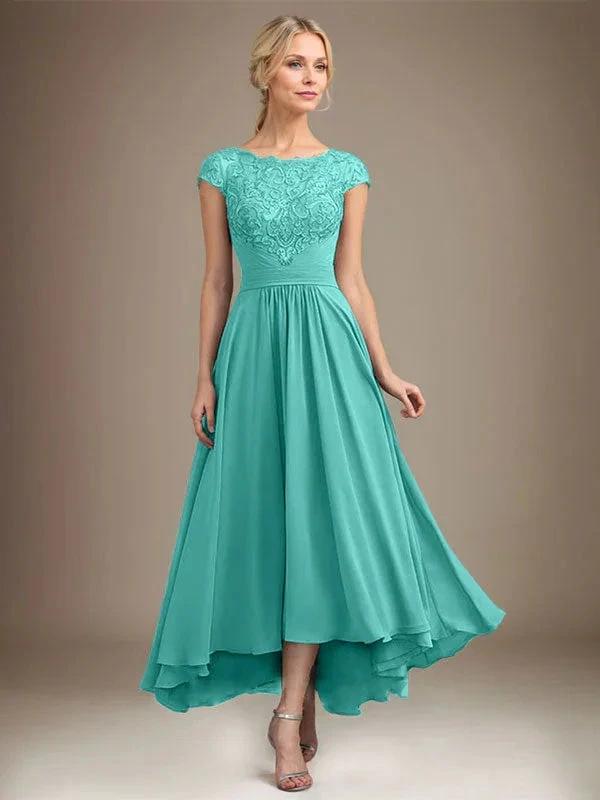 A-line Scoop Illusion Asymmetrical Lace Chiffon Mother of the Bride Dress With Pleated by Dreamylily