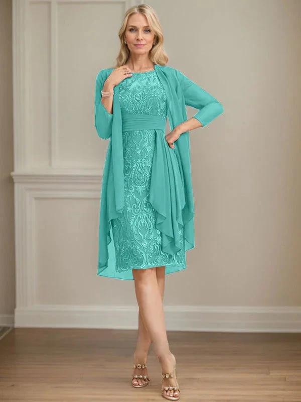 Sheath/Column Scoop Illusion Knee-Length Lace Chiffon Mother of the Bride Dress With Cascading Ruffles Sequins by Dreamylily