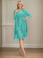 Sheath/Column Scoop Illusion Knee-Length Lace Chiffon Mother of the Bride Dress With Cascading Ruffles Sequins by Dreamylily