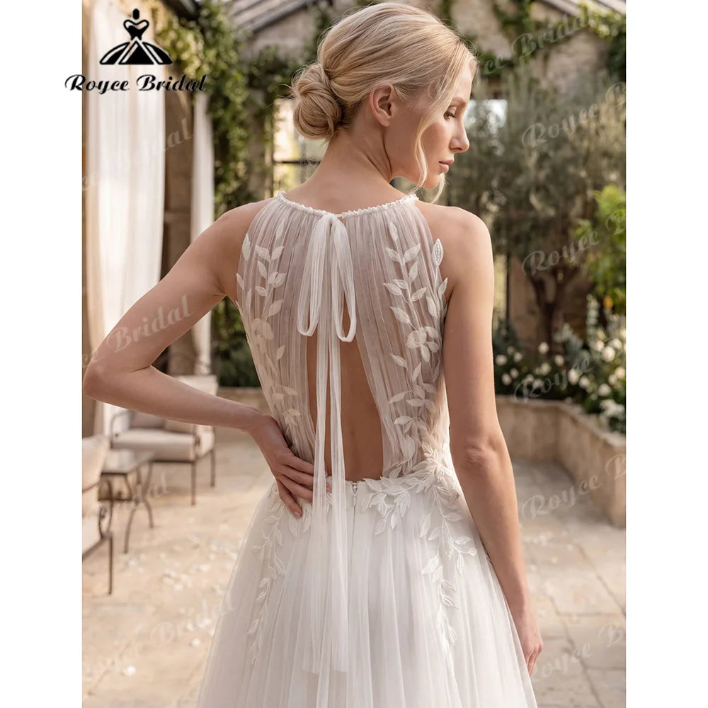 2027 Roycebridal Halter Neck Leaf Lace A Line Wedding Dress Keyhole Open Back Tied Soft Tulle Vestido De Novia Customized