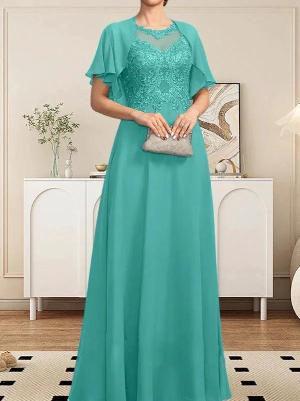 A-line Scoop Illusion Floor-Length Lace Chiffon Mother of the Bride Dress With Sequins by Dreamylily