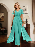 Jumpsuit/Pantsuit V-Neck Floor-Length Chiffon Evening Dress