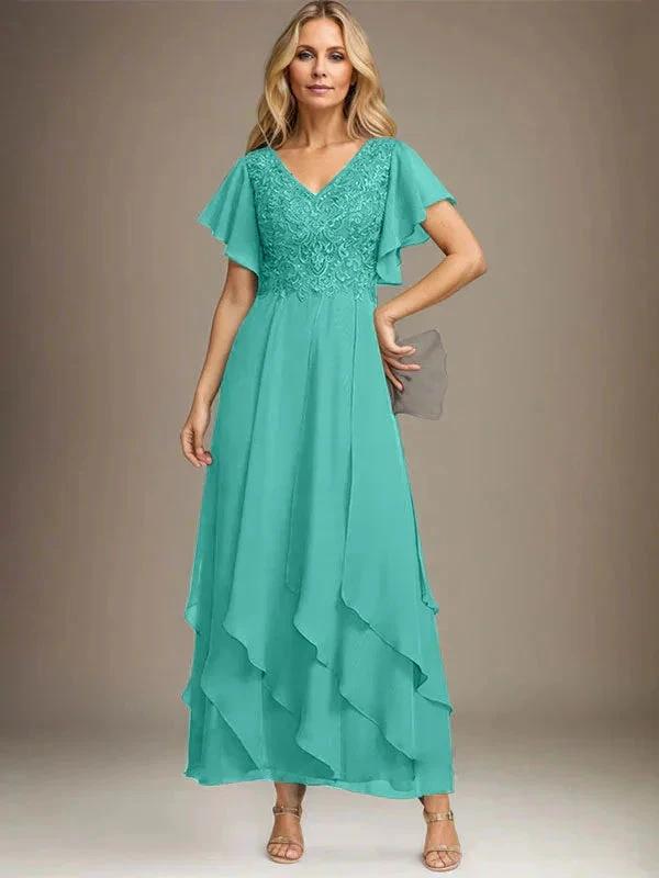 A-line V-Neck Ankle-Length Lace Chiffon Mother of the Bride Dress With Cascading Ruffles by Dreamylily