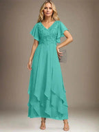 A-line V-Neck Ankle-Length Lace Chiffon Mother of the Bride Dress With Cascading Ruffles by Dreamylily