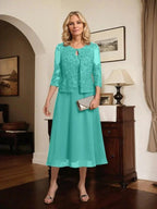 A-line Scoop Tea-Length Lace Chiffon Mother of the Bride Dress With Sequins by Dreamylily