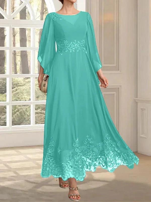 A-line Scoop Illusion Ankle-Length Lace Chiffon Mother of the Bride Dress With Sequins by Dreamylily