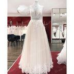 ZapDress Boho Champagne Wedding Dresses Lace Appliques V Neck Sleeveless Sweep Train Bridal Dress Customized
