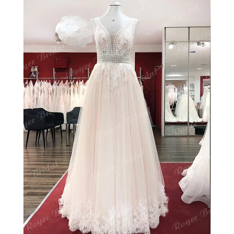 ZapDress Boho Champagne Wedding Dresses Lace Appliques V Neck Sleeveless Sweep Train Bridal Dress Customized