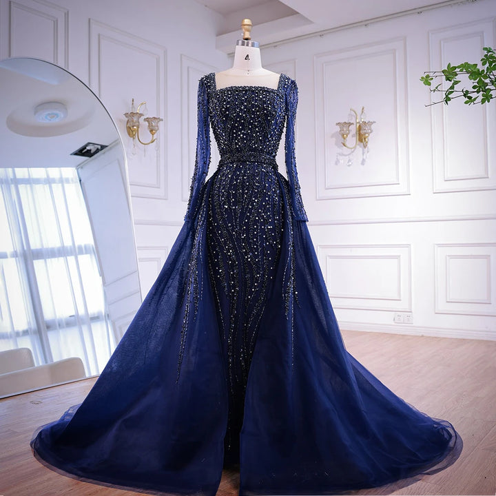 Serene Hill Customized Wine red Long Sleeves Mermaid Beaded Evening Dresses with Overskirt Party Gowns for Women DLA72710