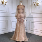 Serene Hill Customized Silver Beaded Mermaid Evening Dresses 2025 Full Sleeves Elegant Party Gowns For Women DLA71036