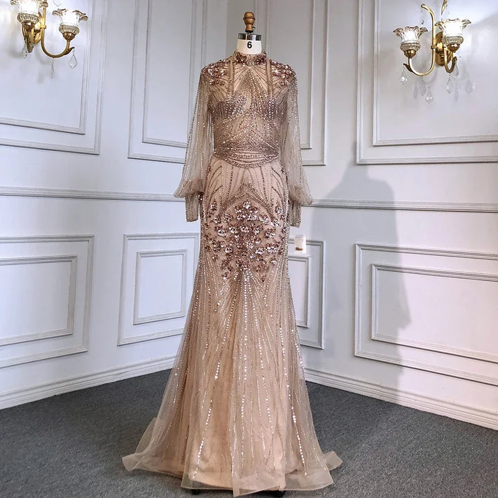 Serene Hill Customized Silver Beaded Mermaid Evening Dresses 2025 Full Sleeves Elegant Party Gowns For Women DLA71036