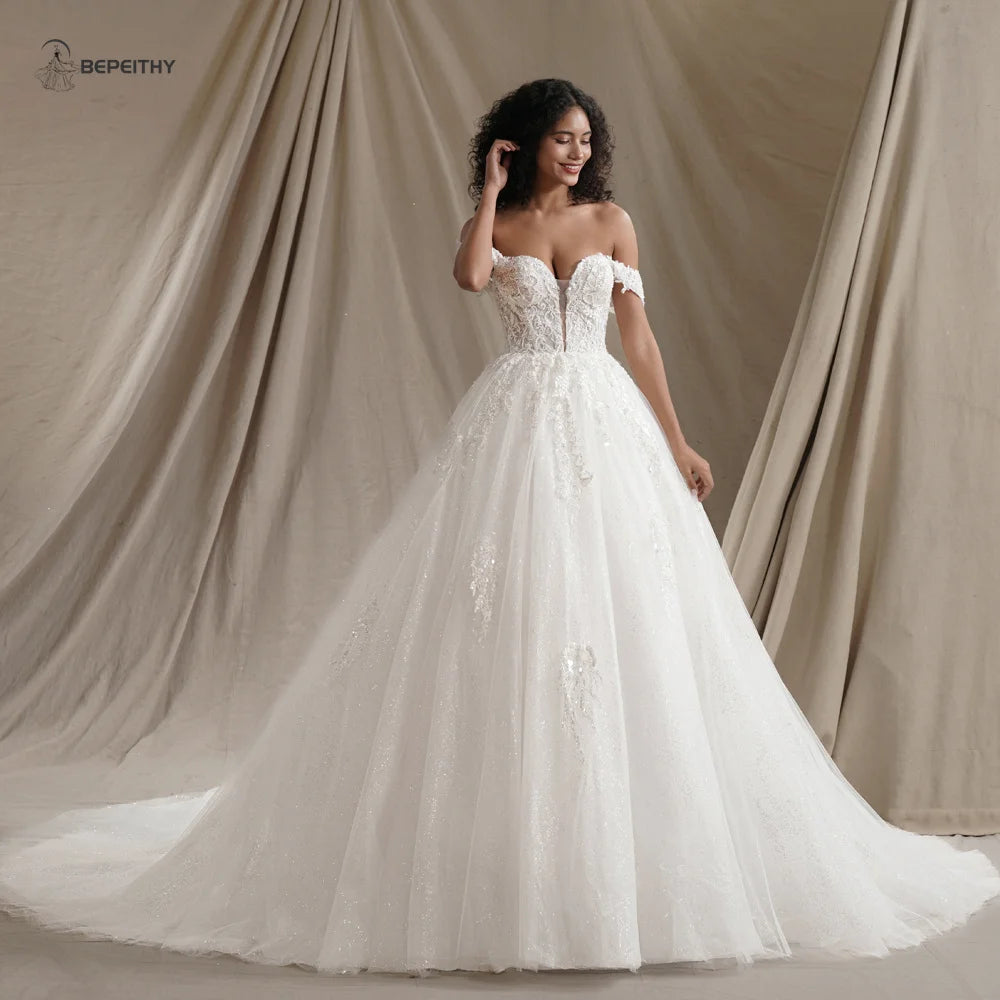 BEPEITHY Customized Plus Size Glitter Princess Wedding Dresses For Women 2026 Off Shoulder Ivory Bride Sleeveless Bridal Gown