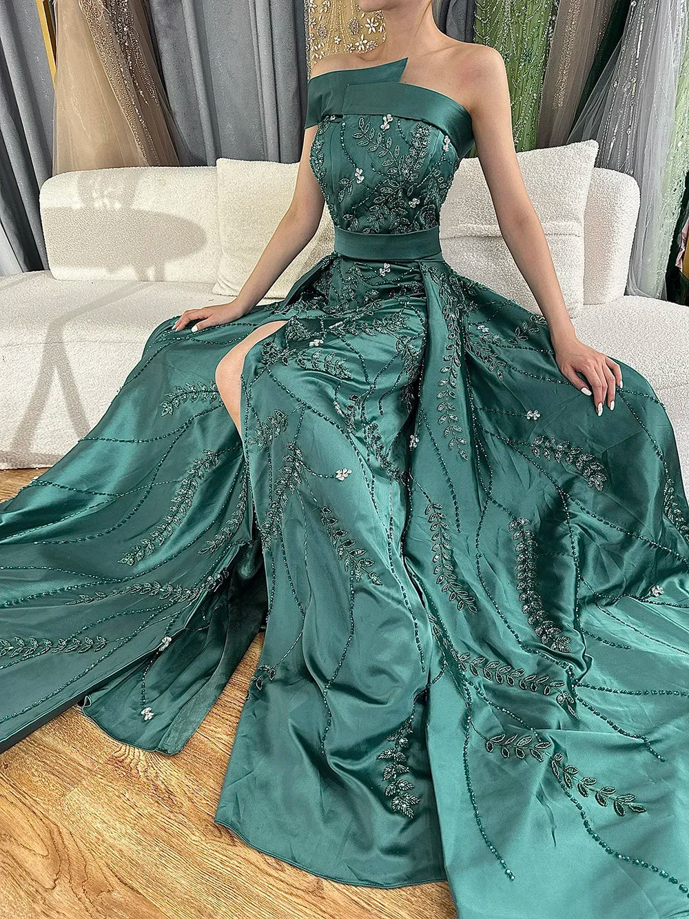 Zapdress Customized 2024 Green One-Shoulder Satin Evening Gown Beaded Dress with Overskirt and Split for Women (ZD17391)