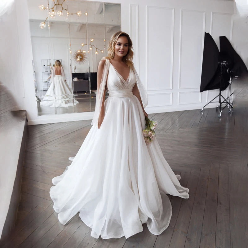 Customized Classic Deep V-neck Organza and Tulle Plus Size Wedding Dress Sexy Backless Court Bridal Gowns
