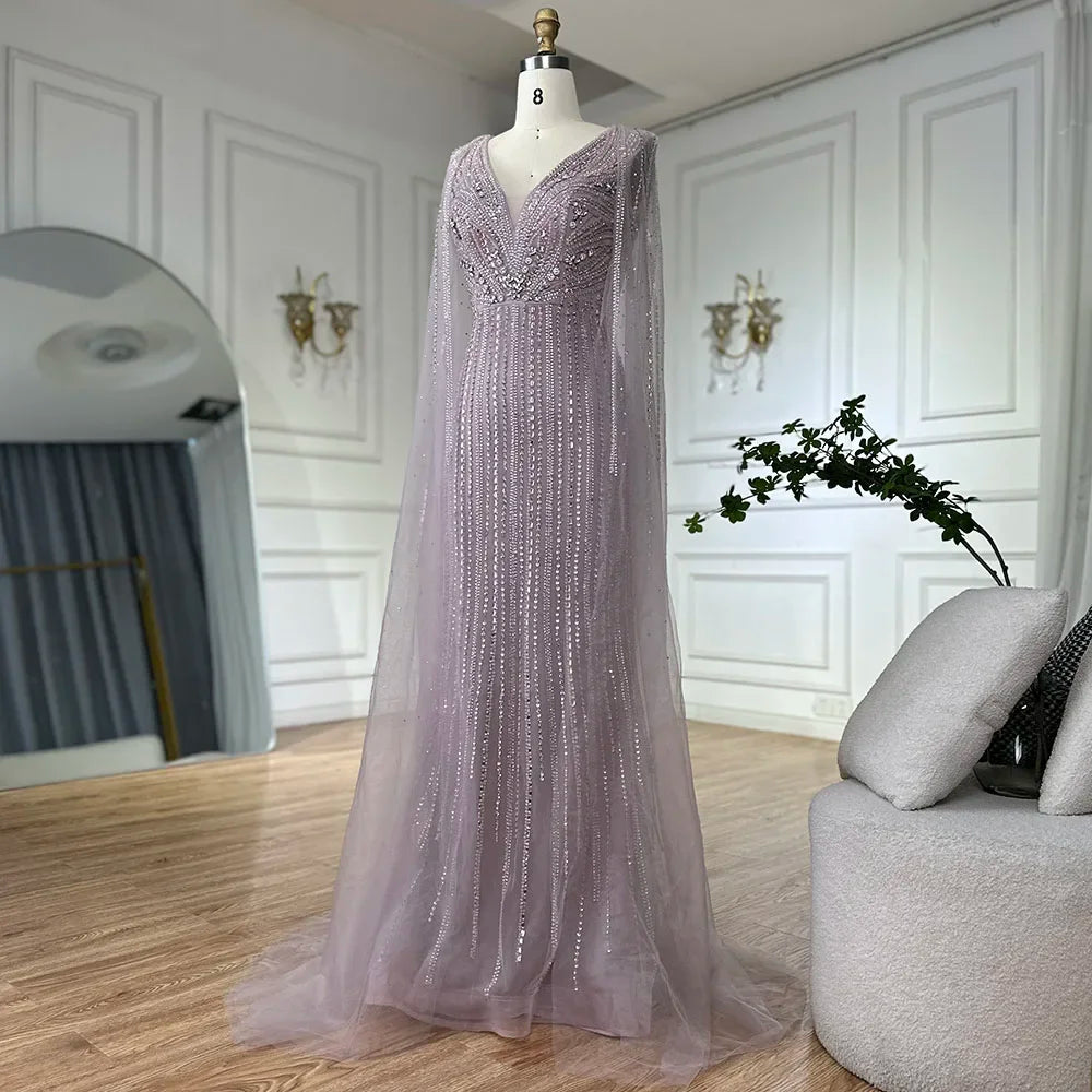 Serene Hill 2026 Customized Pink Cape Sleeves Mermaid Beaded Evening Dresses Gowns for Women Wedding Party 2025 DLA72864