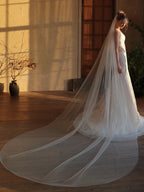 V393 One layer Bridal Veil - White Long Train Wedding Tulle Headpiece for Brides With Comb