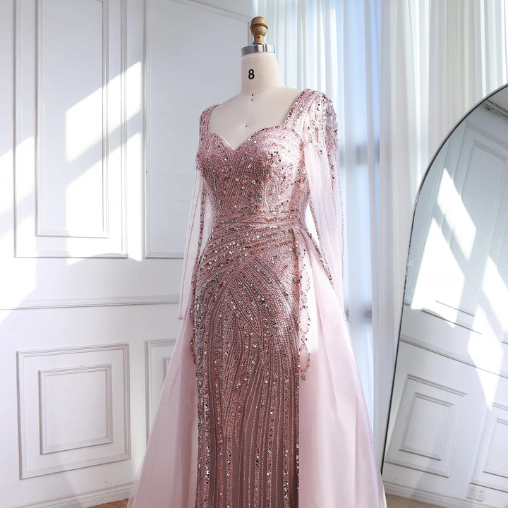 Serene Hill Black Long Sleeves Luxury Beaded Evening Dress Overskirt Formal Party Gowns for Women DLA73198 Customized