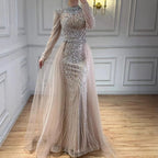 Serene Hill Nude Muslim High Neck Mermaid Evening Gowns 2026 Long Sleeves Overskirt Party Dress for Women DLA73203A Customized