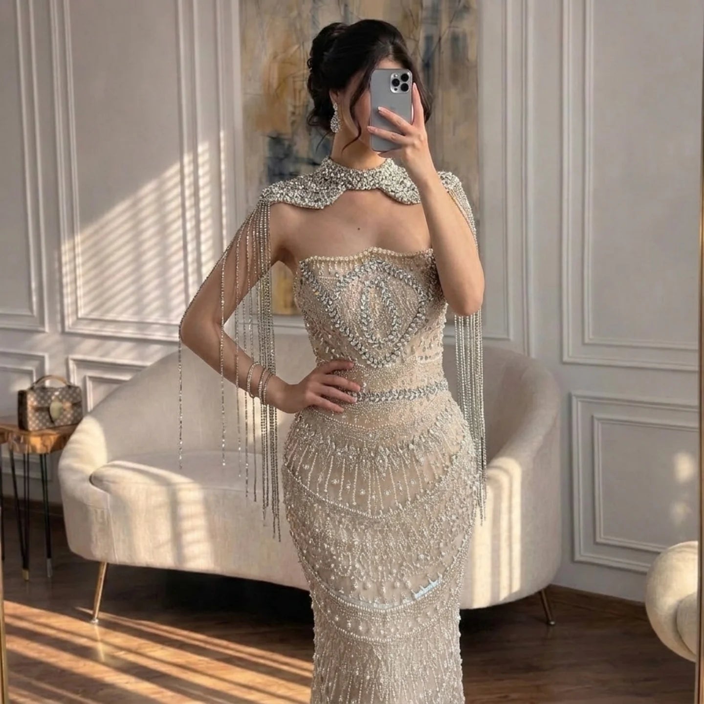 Zapdress Luxury Beaded Mermaid Evening Dress Elegant Crystal Tassel Cape Celebrity Party Gown Vestidos Customized DLA73450A (ZD17347)