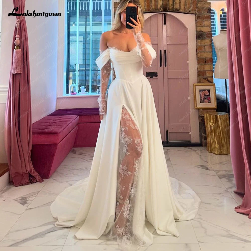 ZapDress Off The Shoulder Pleat Satin Wedding Dresses Customized Long Sleeves A-Line Bridal Gowns Sweep Train Bridal Dresses