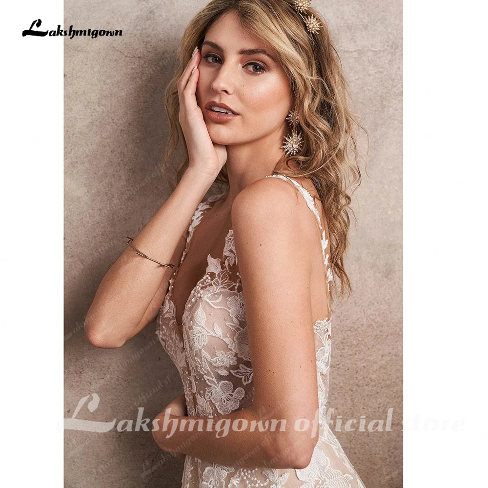 ZapDress Champagne A-Line Wedding Dresses Appliques V-neck Backless Robe Mariee Boho Lace Bridal Gowns  Customized
