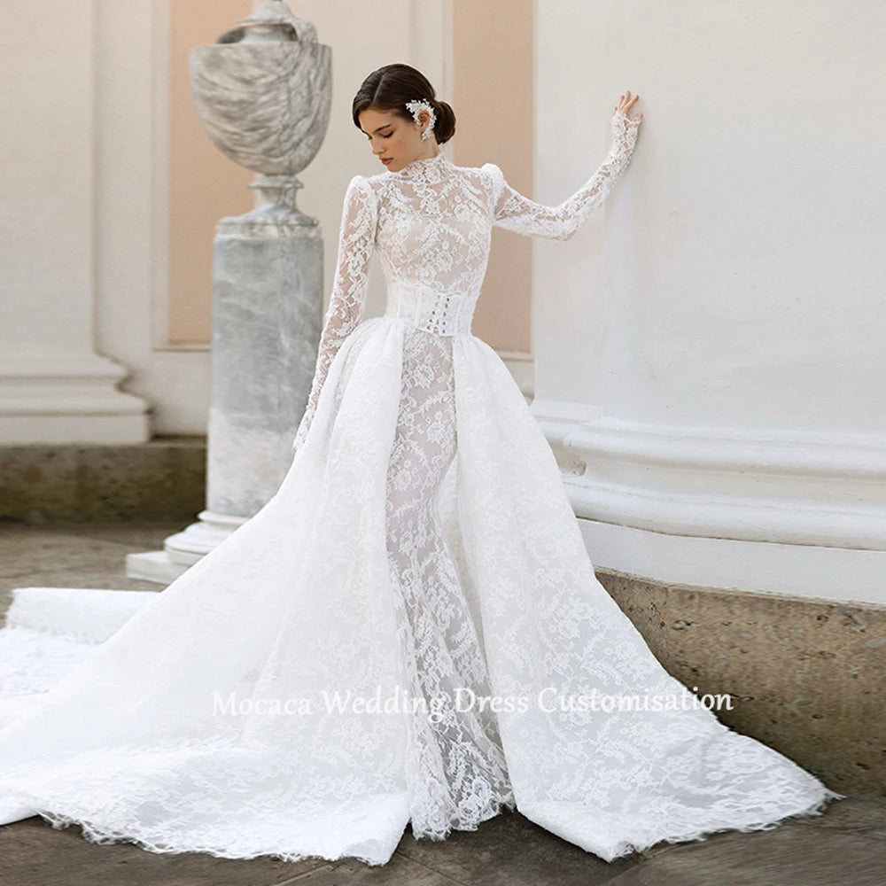 Mocaca Customized Luxury High Neck Lace Mermaid Wedding Dress Long Sleeve 2and1Detachable Train Bridal Gown Vestido De Novia