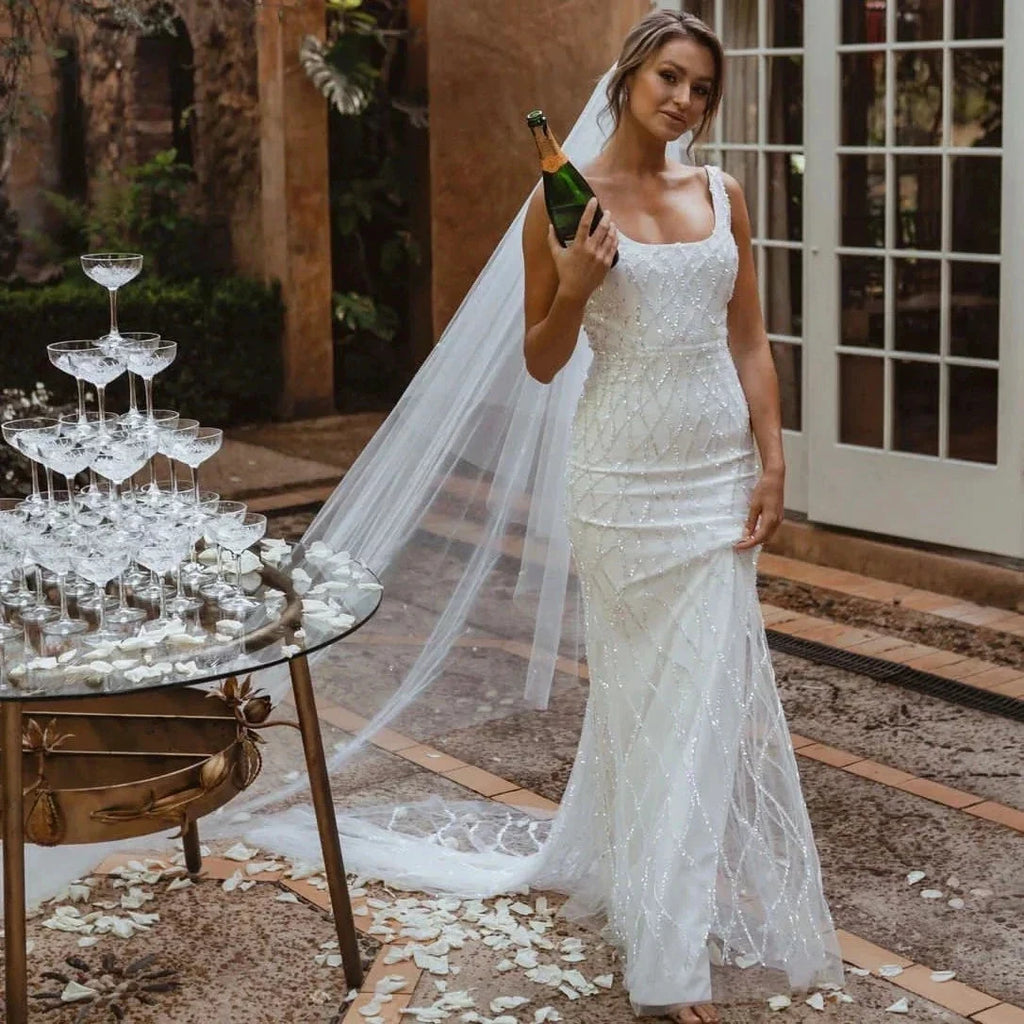 Sequins Mermaid Wedding Dresses 2023 Women's Modern Square Neck Sleeveless Bridal Gowns Satin Tulle Vesidos De Novia Robe De by payinti