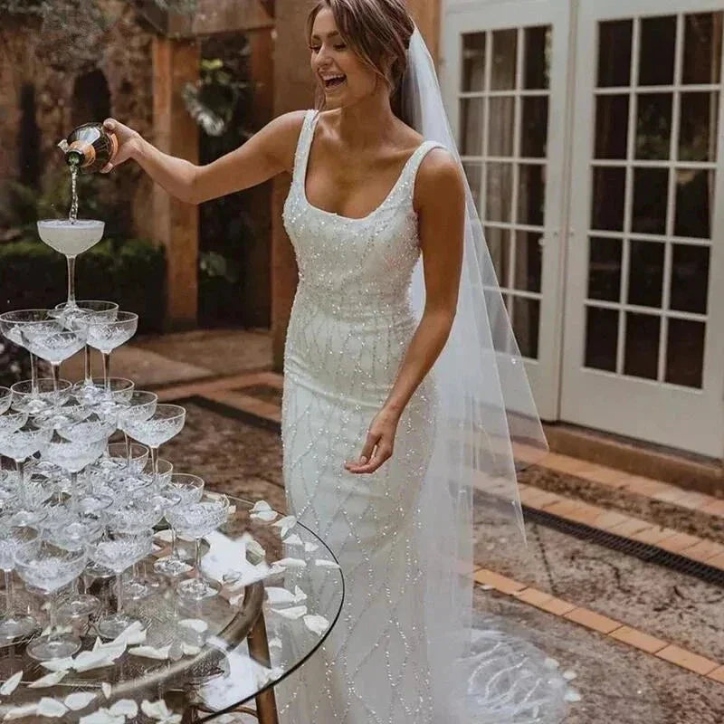 Sequins Mermaid Wedding Dresses 2023 Women's Modern Square Neck Sleeveless Bridal Gowns Satin Tulle Vesidos De Novia Robe De by payinti