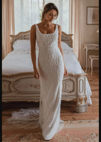 Sequins Mermaid Wedding Dresses 2023 Women's Modern Square Neck Sleeveless Bridal Gowns Satin Tulle Vesidos De Novia Robe De