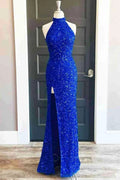 Sequins High Neck Royal Blue Long Party Dress With Slit SYP91 by vivymakudress