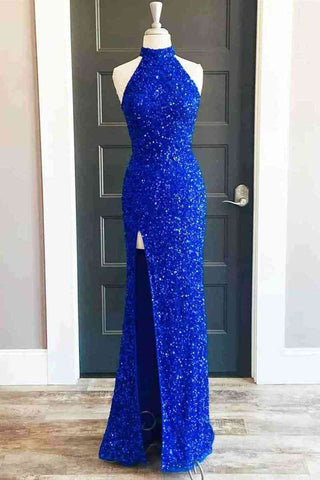 Vestido de fiesta largo azul rey con cuello alto y lentejuelas y abertura SYP91