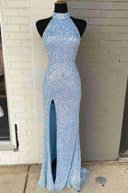 Sequins High Neck Royal Blue Long Party Dress With Slit SYP91 by vivymakudress