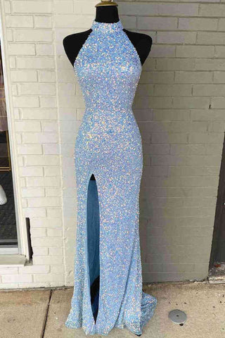 Vestido de fiesta largo azul rey con cuello alto y lentejuelas y abertura SYP91