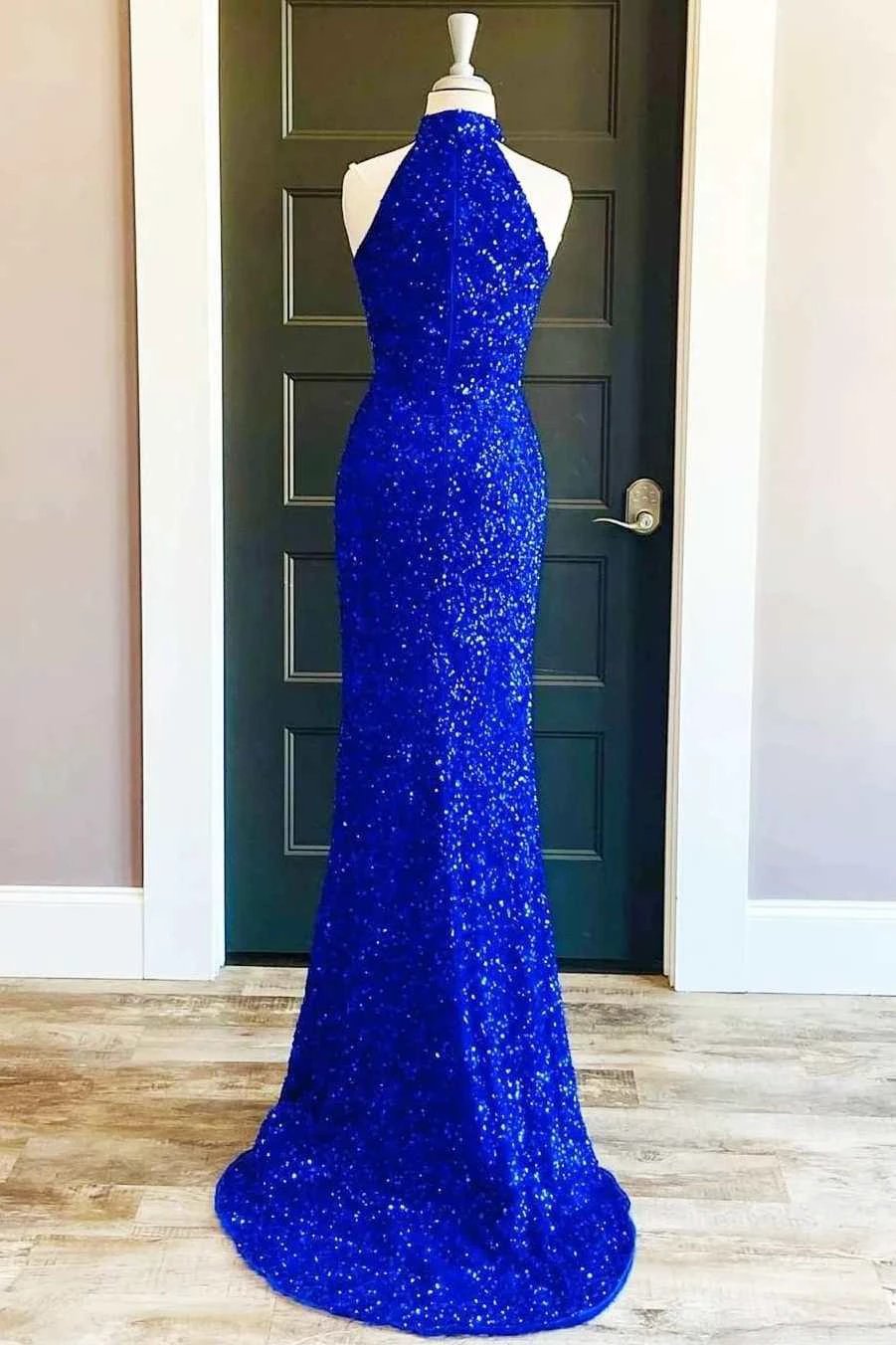 Sequins High Neck Royal Blue Long Party Dress With Slit SYP91 by vivymakudress