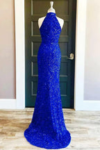 Sequins High Neck Royal Blue Long Party Dress With Slit SYP91 by vivymakudress